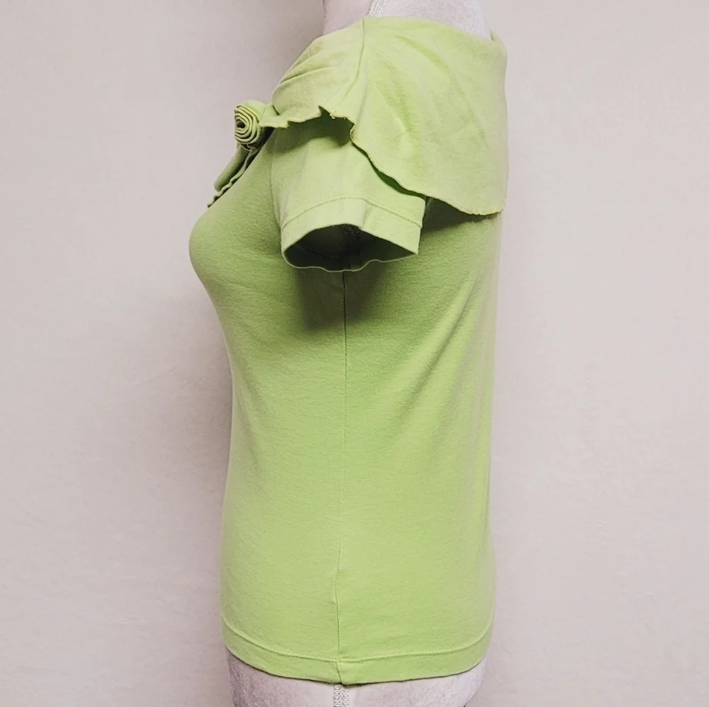 Y2K Vintage Cable & Gauge Neon Green Boatneck Bertha Collar Rosette Short Sleeve